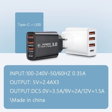 Szybka ładowarka 60 W typu C, wiele 4 portów, ładowarka USB do telefonu komórkowego QC 3.0