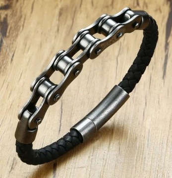 ЦЕПЬ + кожаный браслет, сталь 316L, внутренний диаметр 21см.