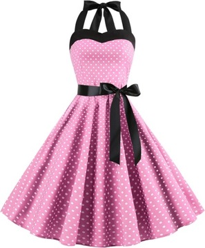 Różowa sukienka w stylu retro groszki wiązana sznurowana XL XXL 42 44