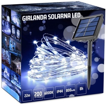LAMPA SOLARNA GIRLANDA OGRODOWA 200 LED ZIMNA 22m