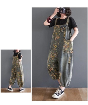 Casual Oversized Print Floral Denim Overalls For W