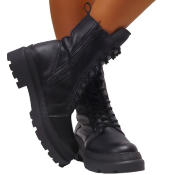 BOTKI DAMSKIE BUTY GLANY CZARNE KLASYCZNE TRAPERY WYSOKIE