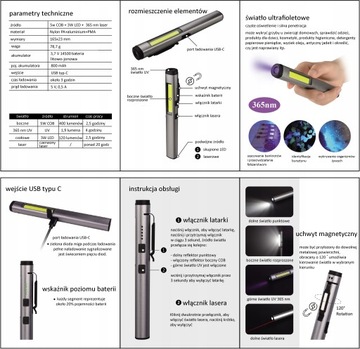 Latarka inspekcyjna warsztatowa mechanika COB LED laser UV latarka USB