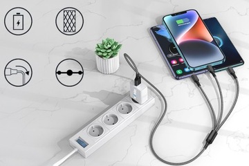 УНИВЕРСАЛЬНЫЙ ПРОЧНЫЙ USB ВЕБ-КАБЕЛЬ 6В1 USB-C MICRO LIGHTNING 3А 1,2М