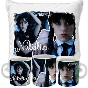 ZESTAW PODUSZKA + KUBEK WEDNESDAY ADDAMS PREZENT URODZINY RÓŻNE WZORY