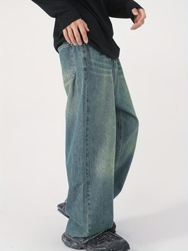 Męskie Szerokie Spodnie Baggy Jeans, Uliczny Styl Vintage Zniszczone