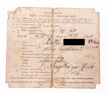 KARTA IDENTYFIKACYJNA, NOWORADOMSK / CZĘSTOCHOWA 1918