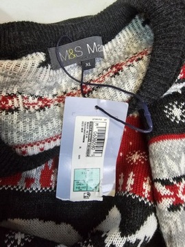 M&S męski sweter norweski cienki czerwony szary świąteczny XL