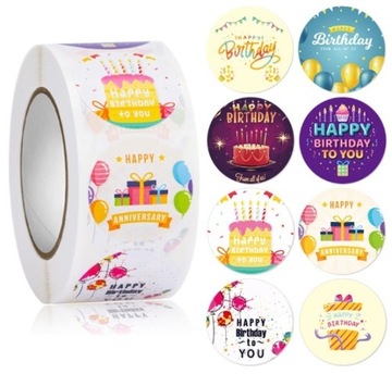 NAKLEJKI OKRĄGŁE 500szt HAPPY BIRTHDAY NA URODZINY ZAPROSZENIA B-DAY TORT