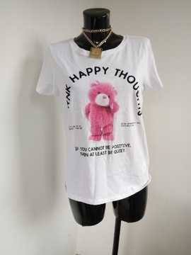Nowa bluzka House biała z misiem miś print napisy bawełniany t-shirt różowy