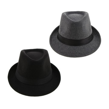 Retro ciepły, wełniany filcowy męski kapelusz gangsterski Trilby Fedora z wąskim rondem, czarny