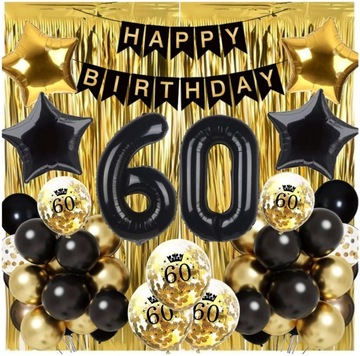 Zestaw Dekoracji Balony 60 Urodziny Cyfry Czarne Ozdoby Dekoracje Kurtyna