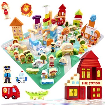 Kolorowe klocki z drewna auta budynki puzzle 120el