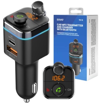 Fm vysílač Bluetooth 5.0 Nabíječka 2xUSB Qc Pd Savio TR-12 Mikrofon MP3