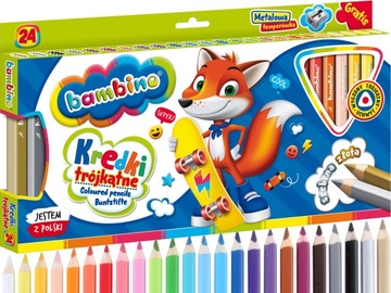 KREDKI BAMBINO TRÓJKĄTNE GRUBE 24 KOL + METALOWA TEMPERÓWKA gratis