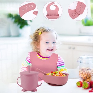 СИЛИКОНОВЫЙ ОБЕДЕННЫЙ НАБОР ИЗ 8 ПРЕДМЕТОВ. ДЕТСКИЙ РОЗОВЫЙ КОМПЛЕКТ