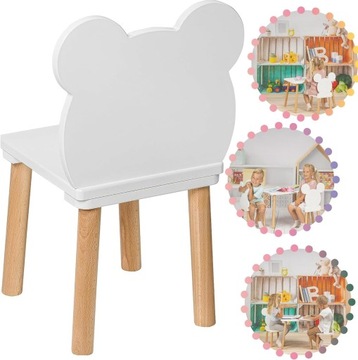 Krzesełko dla dzieci 3-7 lat, białe drewniane krzesło Miś odporne 52 cm