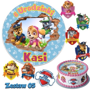 Zestaw Opłatek na tort PSI PATROL z Imieniem +7 Wyciętych Tarcz na Tort