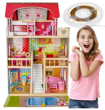 DUŻY DREWNIANY DOMEK dla LALEK +Meble +Basen + Led