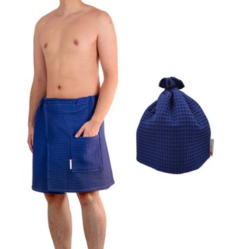 ZESTAW DO SAUNY KILT MĘSKI BISCOTTO 150x50 CZAPKA CAPELLO PORJUN GRANATOWY