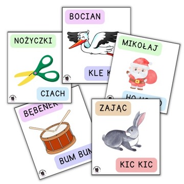 Dźwięki Odgłosy ONOMATOPEJE dla dzieci 54 karty
