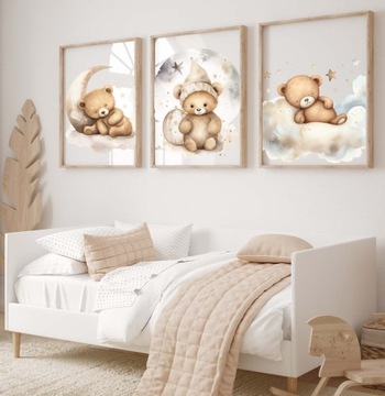 Zestaw 3 plakaty 50x70cm misie z balonami, metryczka, imię Różne wzory