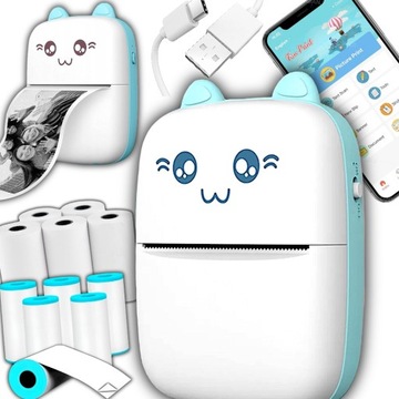 МИНИ-ТЕРМОПРИНТЕР DRUKUŚ МИНИ-КОТ ДЛЯ НАКЛЕЙКИ ФОТОГРАФИЙ + 16 ШТ. РОЛИКОВ