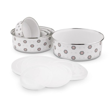 Набор из 3-х ЭМАЛИРОВАННЫХ ГОРШКОВ с крышками Фольклор + кружки, тадарские миски