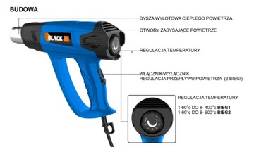 МОЩНАЯ ЭЛЕКТРИЧЕСКАЯ ТЕПЛОВАЯ ПИСТОЛЕТКА С ПОСТОЯННОЙ РЕГУЛИРОВКОЙ ТЕМПЕРАТУРЫ 60-600C 2 МЕХАНИЗМА + 4 НАСАДКИ