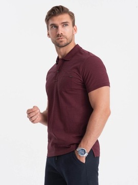 T-shirt męski polo z ozdobnymi guzikami - bordowy V6 S1744 L