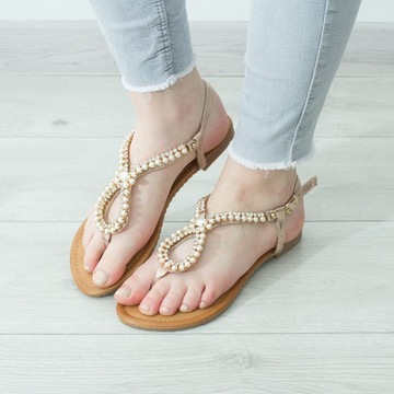 ZŁOTE SANDAŁY DAMSKIE JAPONKI Z PEREŁKAMI CYRKONIE LETNIE BUTY 40