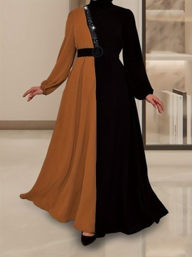 Ramadan Color Block Sukienka Kaftan z długim rękawem, odzież damska, L