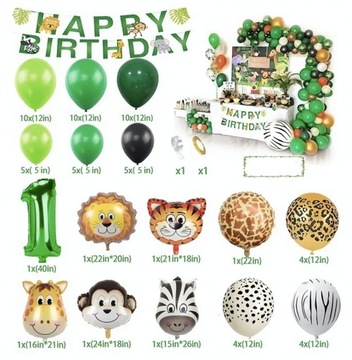 ZESTAW BALONÓW BALONY NA ROCZEK 1 URODZINY zwierzątka ZOO SAFARI DEKORACJE