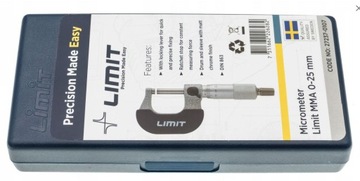 Предельный микрометр 0–25 мм с кованой рамкой и матовой хромированной шкалой.