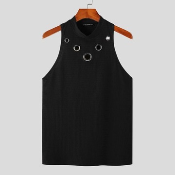 2023 Men Tank Tops Hollow Out Solid Turtleneck Sle