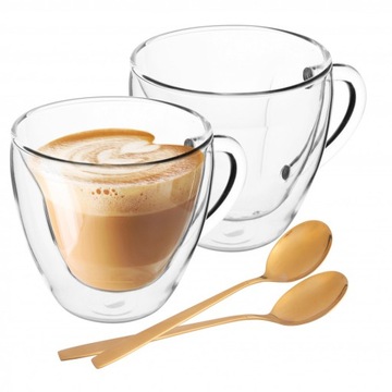 KOMPLET 2 KUBKÓW TERMICZNYCH Z SERCEM 250ML + 2 złote łyżeczki