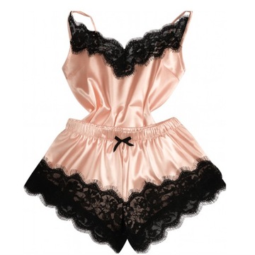 SEKSOWNY KOMPLET BIELIZNY SATYNOWA PIŻAMA KOSZULKA NOCNA KORONKA SPODENKI