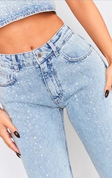 PRETTYLITTLETHING PROSTE SPODNIE JEANS POŁYSK ZDOBIENIE UDX NG4__M