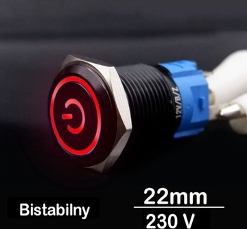 Przycisk sterowniczy przełącznik SPDT metalowy czarny 22mm LED 230 V bi