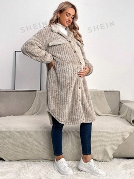SHEIN MATERNITY PŁASZCZ DAMSKI PLUSZOWY BEŻOWY S 393