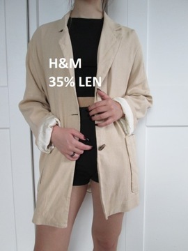 H&M beżowy długi swobodny żakiet oversize len wiskoza M L XL 38 40 42 jNOWY
