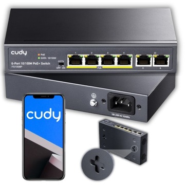 SWITCH POE DO KAMER MONITORINGU 4x POE 2x UPLINK CUDY FS1006P EXTEND 250m