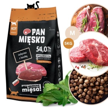 Сухой корм для кошек Pan Mięsko ТЕЛЯТИНА с чипсами из УТКИ Medium M 5кг