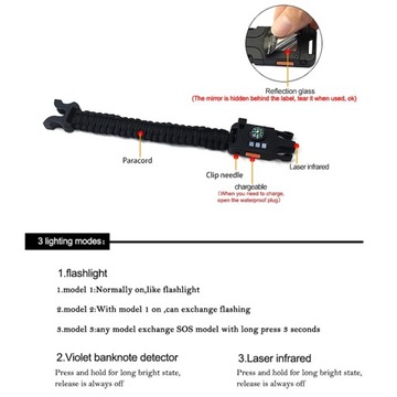 Открытый многофункциональный лазерный фонарик для выживания, браслет из паракорда 7 в 1