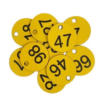 100 sztuk plastikowych numerowanych przywieszek do bagażu identyfikatory numeryczne żółte + czarne słowo