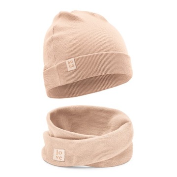 CZAPKA KOMIN KOMPLET DLA DZIEWCZYNKI JESIENNA WIOSENNA Beżowa 46-50 cm