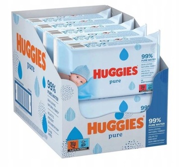 MEGA ZESTAW 10 x 56 sztuk HUGGIES PURE 99% nawilżane chusteczki dla dzieci
