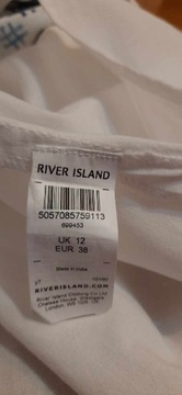 Bluzka haft River Island 40 L dekolt niebieska biel bawełna