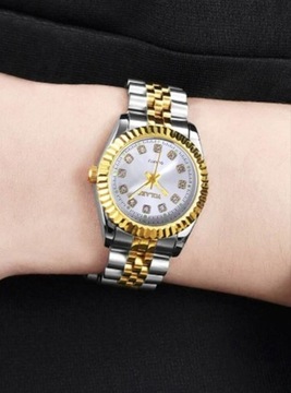 Elegancki luksusowy zegarek YOLAKO srebno-złoty