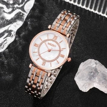 Elegancki luksusowy zegarek MEIBO srebno-złoty